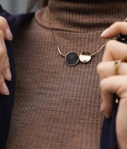 Necklace in geometric colored CEMENT. Elegant and minimal necklaces with brass inserts. Available in 2 shapes and 2 different colors