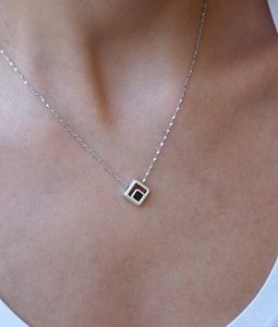 Silver Black Enamel Square Pendant Necklace: Modern Geometric Black Stone Dainty Necklace, Everyday Jewelry Gift for Her, chic office style