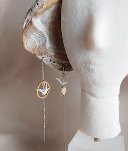 Origami Crane Earrings: Mismatched Geometric Mixed Metal Dangle Earrings