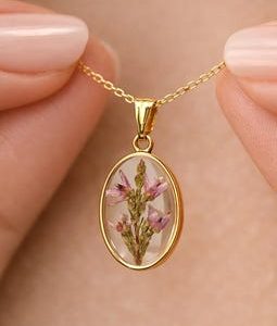 Scottish Heather Necklace • Gold Oval Pendant, Pressed Flower Jewelry