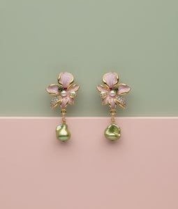 Pink Floral Drop Earrings | Hand Painted Enamel | Baroque Pearl Dangle | 18K Gold Plated