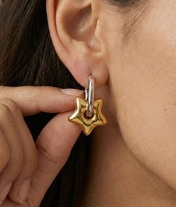 Star Hoop Earrings, Gold Silver Two Tone Earrings, Celestial Jewelry Gift for Her, Detachable Star Charm Earrings, Bold Fashion Jewelry