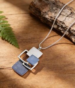 Geometric Layered Square Enamel Pendant Necklace, Minimalist Modern Blue Silver Jewelry, Dainty Statement Necklace, Gift for Women