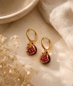 Gold Pomegranate Charm Hoop Earrings, Red Crystal Fruit Jewellery, Minimal Luxe Huggies