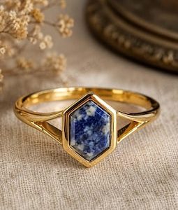 Hexagon Sodalite Ring, Gold Geometric Gemstone Ring, Minimalist Bezel Set Ring, Unique Promise Ring, Modern Jewelry Gift