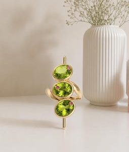 18k Gold Martini Olive Ring, Peridot Ruby Accent, Sterling Silver Statement Ring