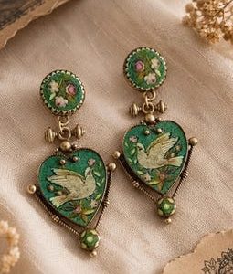 Vintage Dove Heart Drop Earrings, Green Bird Statement Earrings, Romantic Cottagecore Jewelry