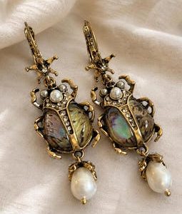 Beetle Earrings, Iridescent Shell and Baroque Pearl Dangles, Victorian Gothic Insect Jewelry
