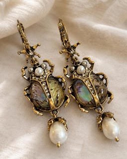Beetle Earrings, Iridescent Shell and Baroque Pearl Dangles, Victorian Gothic Insect Jewelry