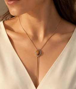 Tiger Eye Bolo Necklace for Women, Gold Western Lariat Necklace, Vintage Boho Cowgirl Jewelry Gift