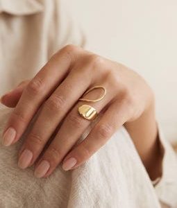 14K Gold Tone Asymmetrical Ring, Adjustable Brass Statement Ring, Smooth Minimalist Jewelry, Abstract Open Ring, Modern Geometric Gift Her